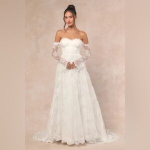 Lulu's Strapless Maurine White Lace Off-the-Shoulder Bustier Wedding Dress